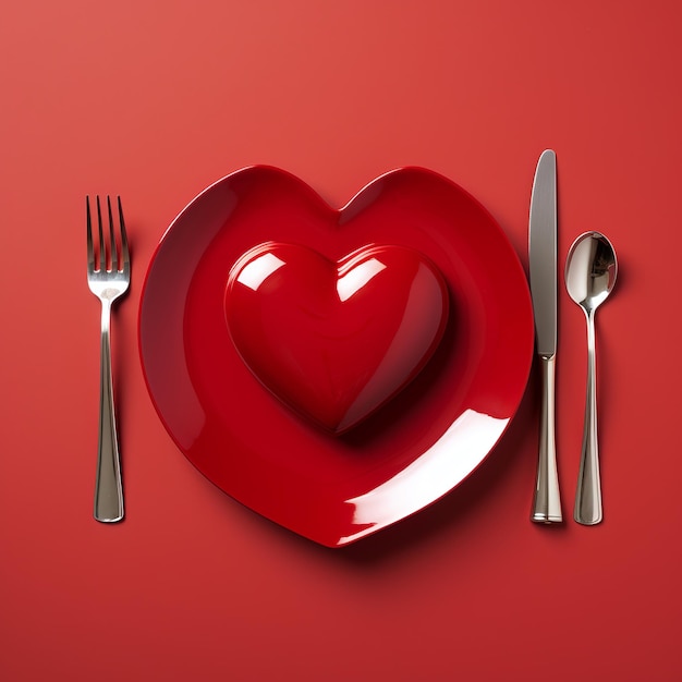 illustration of plate in shape of heart table knife and fork