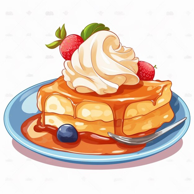 illustration of a plate of waffles with whipped cream and berries generative ai