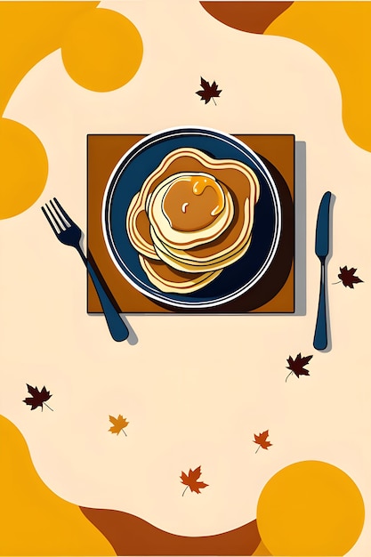 Illustration of a plate with pancakes on a background of autumn leaves