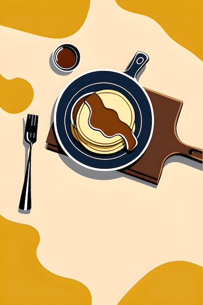 Illustration of a plate with pancakes and a fork on the table