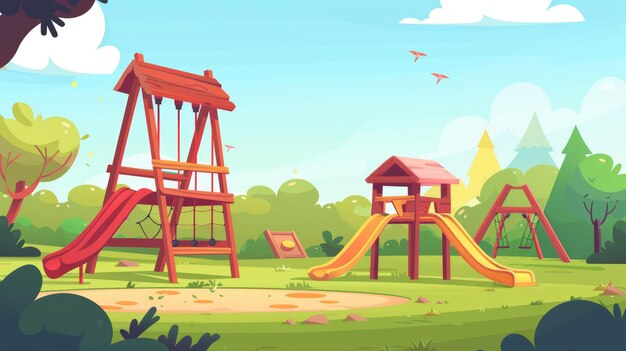 Photo an illustration of a playground for kids in summer park garden or backyard with slides sandbox swings a modern cartoon illustration of green grass with a seesaw sandpit sliders and seesaws