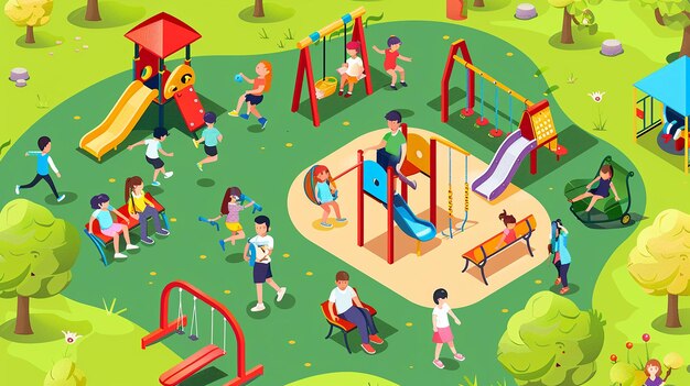 an illustration of a playground with people playing and playing
