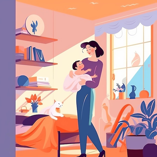 illustration of Playing dressup mother takes care of baby at home