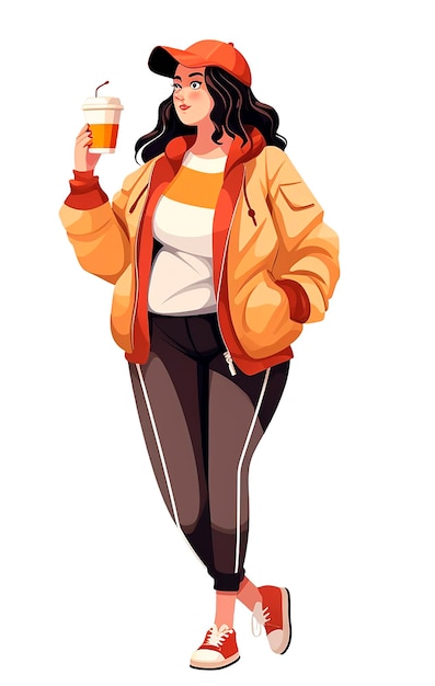 일러스트레이션 평범한 옷을 입은 플러스 사이즈 소녀가 현대적인 스타일의 만화를 는 동안 커피를 마시고 있습니다.
