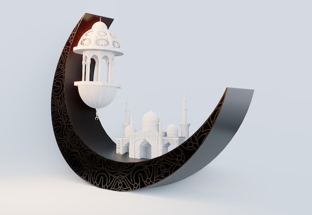 Illustration of Podium Mosque 3D Animated Rendering and Crescent Moon Characteristic of Muslim Islam