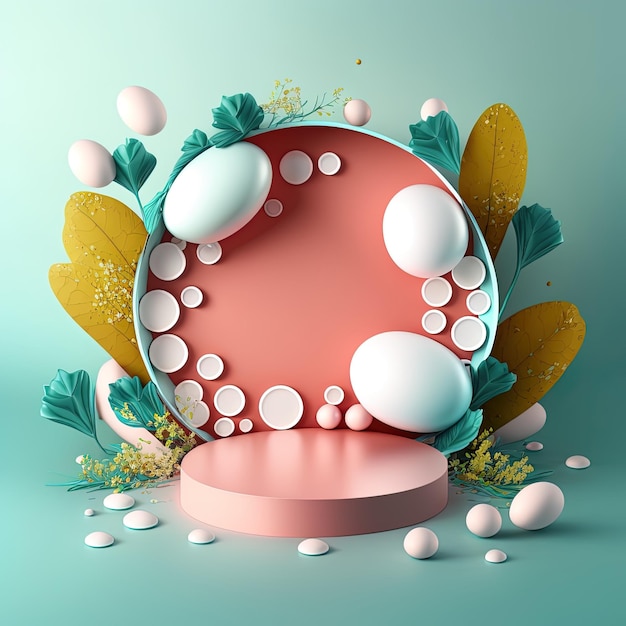 Illustration of a Podium with Easter Eggs Flowers and Greenery Ornaments for Product Display