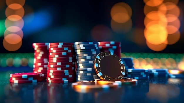 Illustration of poker chips and dices on a table with blurry lights in the background