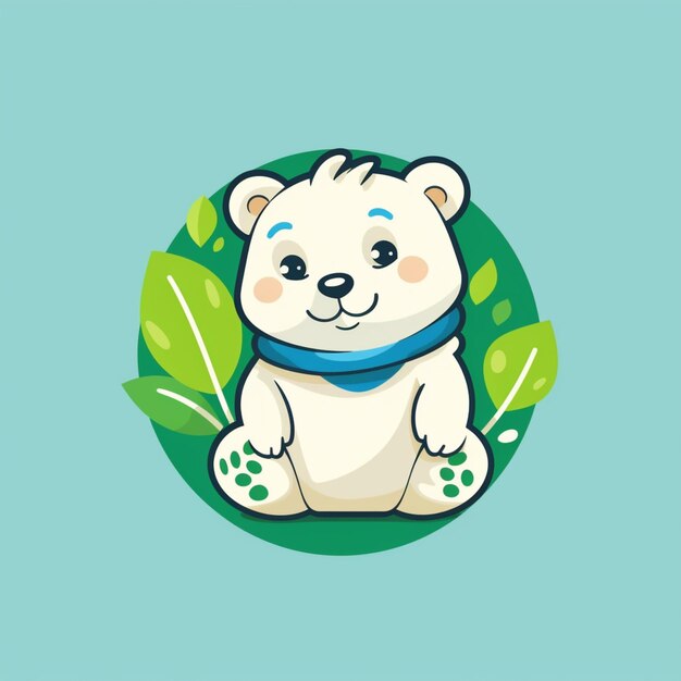 Illustration of a polar bear sitting on a leaf with a blue scarf generative ai