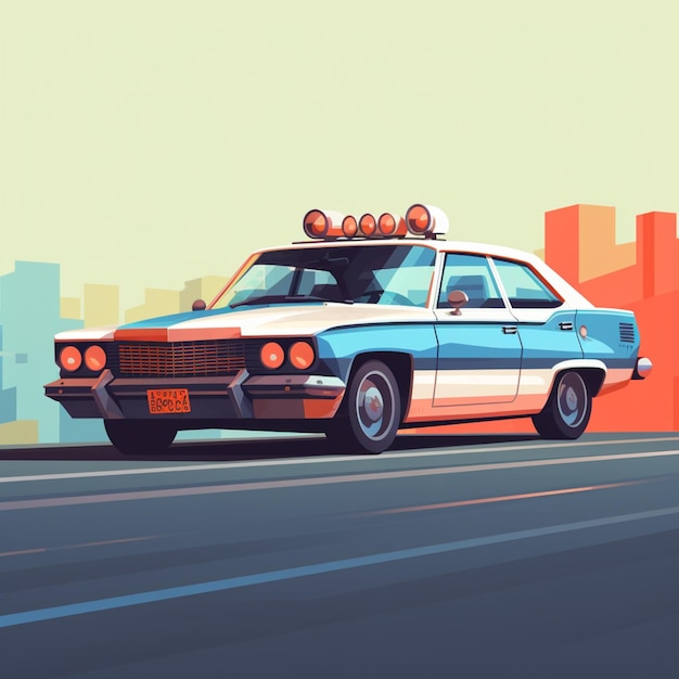 Photo illustration of a police car driving down a city street generative ai