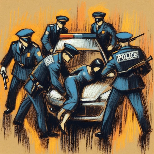 Photo illustration of police officers apprehending a suspect near a car