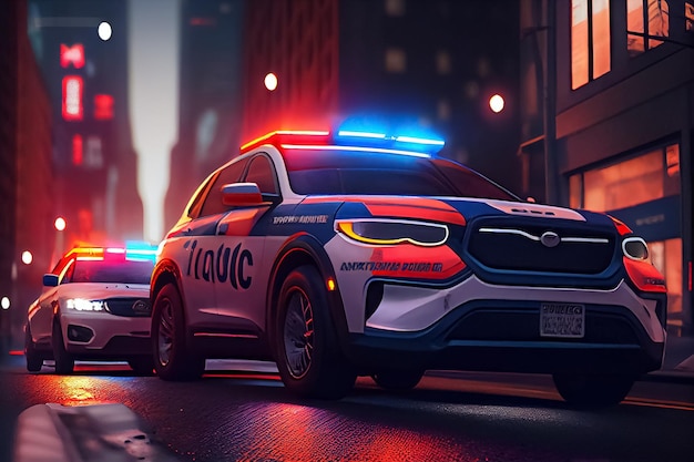 Illustration of police units responds to the scene of an emergency at night AI