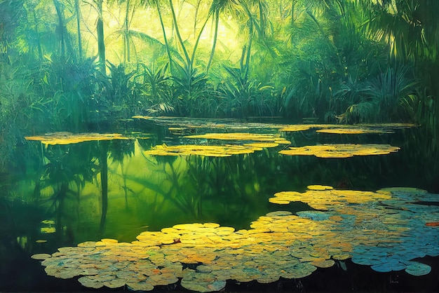 숲에서 연못의 그림입니다. 생성 AI