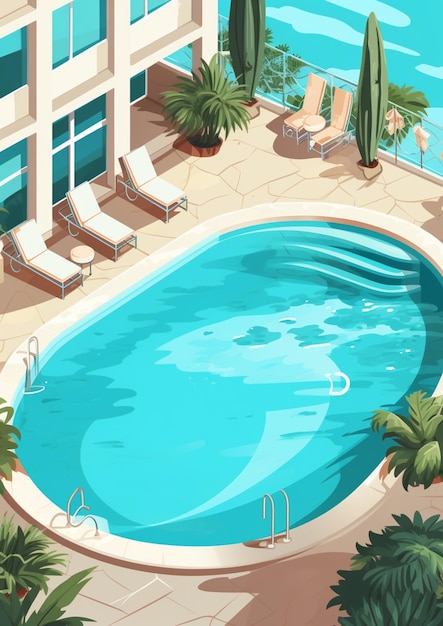 Illustration of a pool with lounge chairs and umbrellas next to a building generative ai