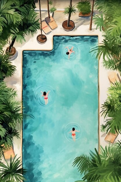 illustration of a pool with people swimming in it surrounded by palm trees generative ai