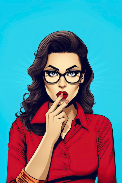illustration pop art attractive woman with her finger on her lips as a sign of silence