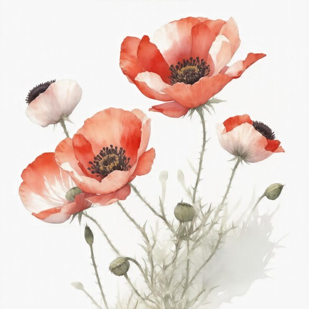 Photo illustration of poppy flowers in the style of watercolor on a white background