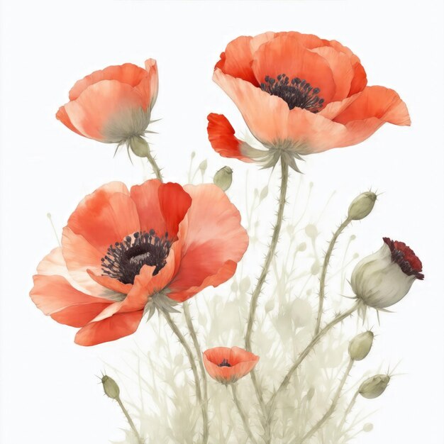 Illustration of poppy flowers in the style of watercolor on a white background