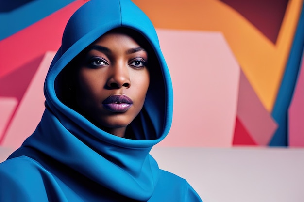 Illustration portrait African American female fashion model in blue futuristic