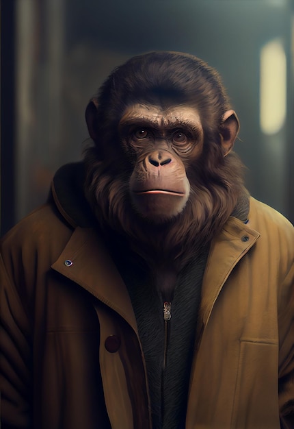 Иллюстрационный портрет обезьяны в куртке Generative AI