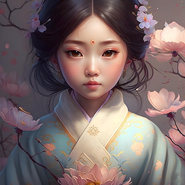 Illustration of a portrait of an Asian girl using AI generative