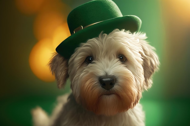 Illustration of a portrait of a cute dog in a green hat with a blurred background St Patrick's Day Concept AI generation