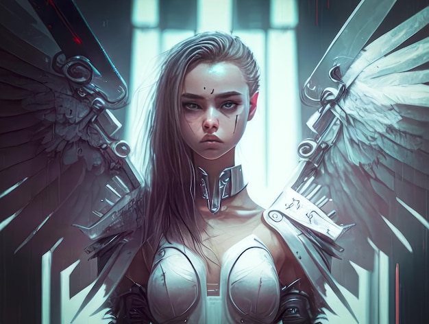 Illustration portrait of a fabulous girl an angel with expressive eyes and beautiful wings