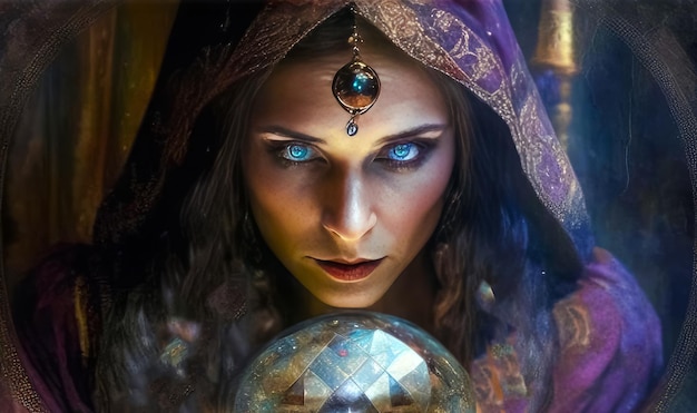 Illustration of a portrait of a fortune teller with a magic ball