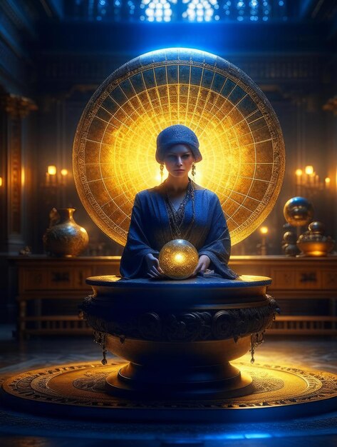 Illustration of a portrait of a fortune teller with a magic ball