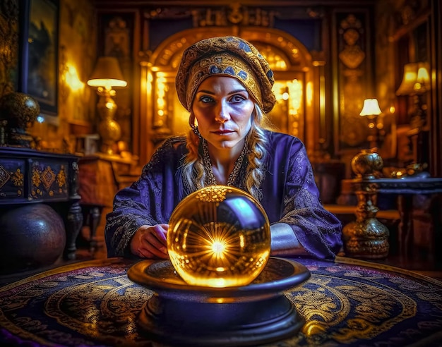 Illustration of a portrait of a fortune teller with a magic ball