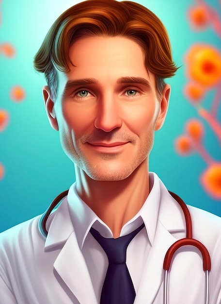 Illustration of a portrait of a friendly doctor with a stethoscope looking at the camera