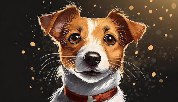 Photo illustration portrait of a jack russell terrier on a dark background with sparkles