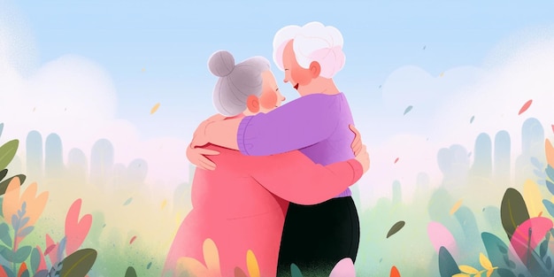 Foto illustrazione di ritratto di donne lesbiche mature abbracciate da una coppia anziana lgbt illuminata dal sole