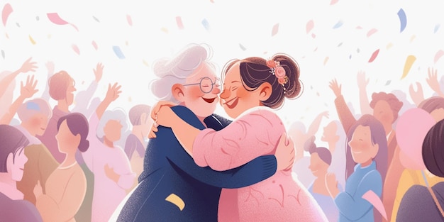 Illustration of Portrait of mature lesbian women hugs on illuminated by the sun LGBT elderly couple