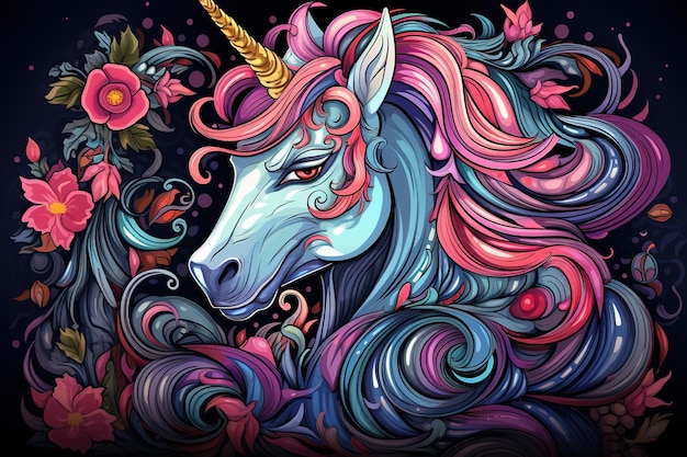 illustration portrait of a unicorn in blue and pink colors on a dark background