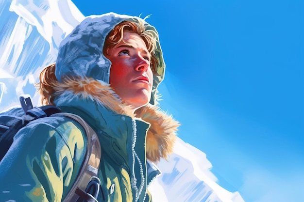 Иллюстрация Портрет женщины- альпинистки в горах на чистом небесном фоне