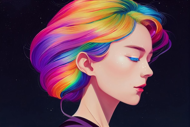 Illustrazione del ritratto di donna con capelli multi colore arcobaleno