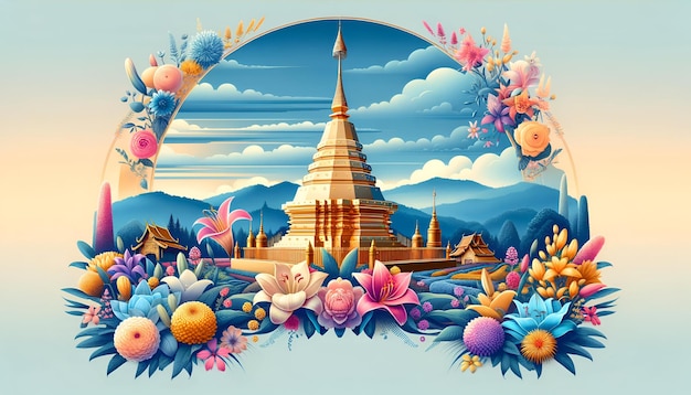 Иллюстрация плаката фестиваля цветов в Чиангмае с местом для текста