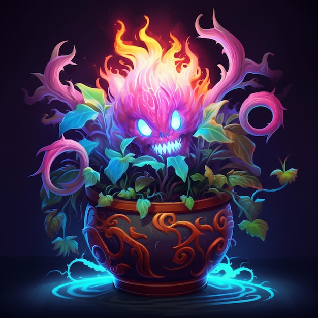 illustration of a potted plant with a glowing face surrounded by leaves generative ai