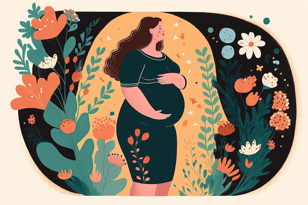 Illustration of pregnant woman with hand on belly Generative AI