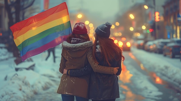 Foto illustrazione della bandiera dell'orgoglio è tenuta nelle mani di due ragazze e abbracciando l'arte