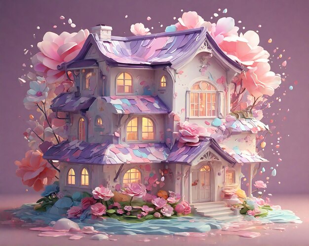 Photo illustration of a print of a cute colorful home