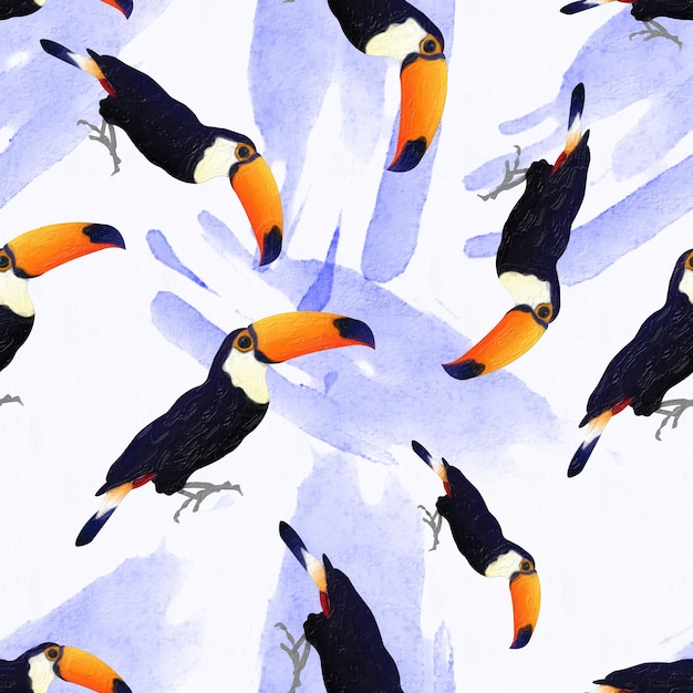 illustration print seamless pattern painted toucans on canvas background