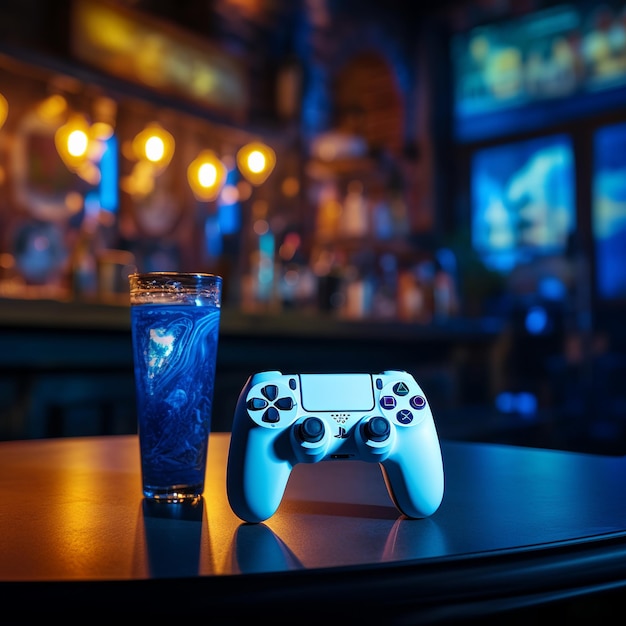illustration of The ps5 gamepad is on the table in blue light with