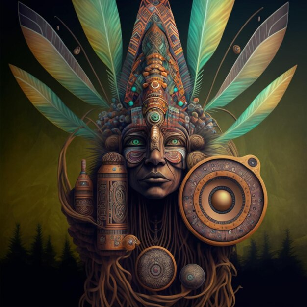 illustration of a psychedelic music speaker totem native american chief