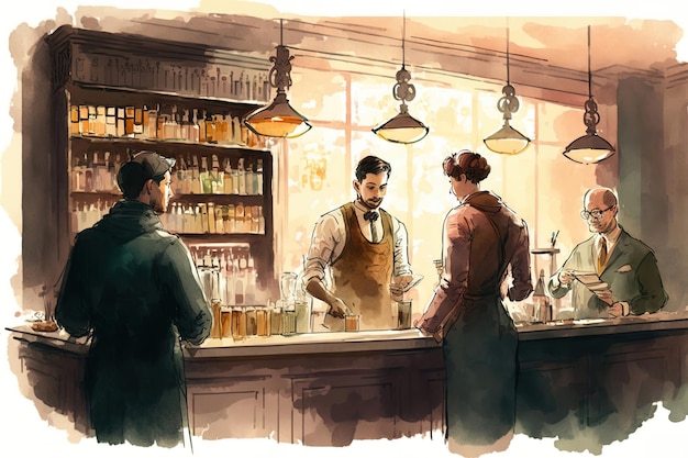 Illustration of a pub inside