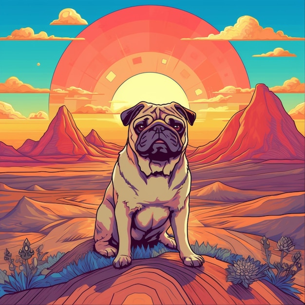 Illustration of a pug dog sitting on a rock in the desert generative ai