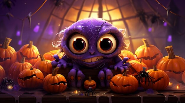 Illustration of a purple arachnid monster surrounded by pumpkins and spider webs