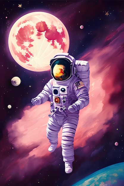 An illustration of a purple astronaut in space