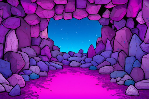 Illustration of a purple cave with a bright blue sky and a pink floor