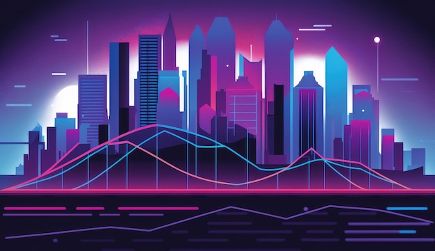 Illustration of purple city buildings generated by AI